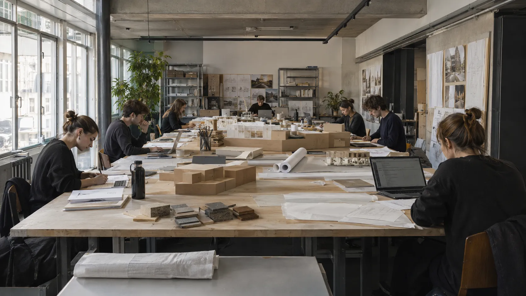 Der grosse Arbeitstisch im Studio, Modelle und Transparentpapier
