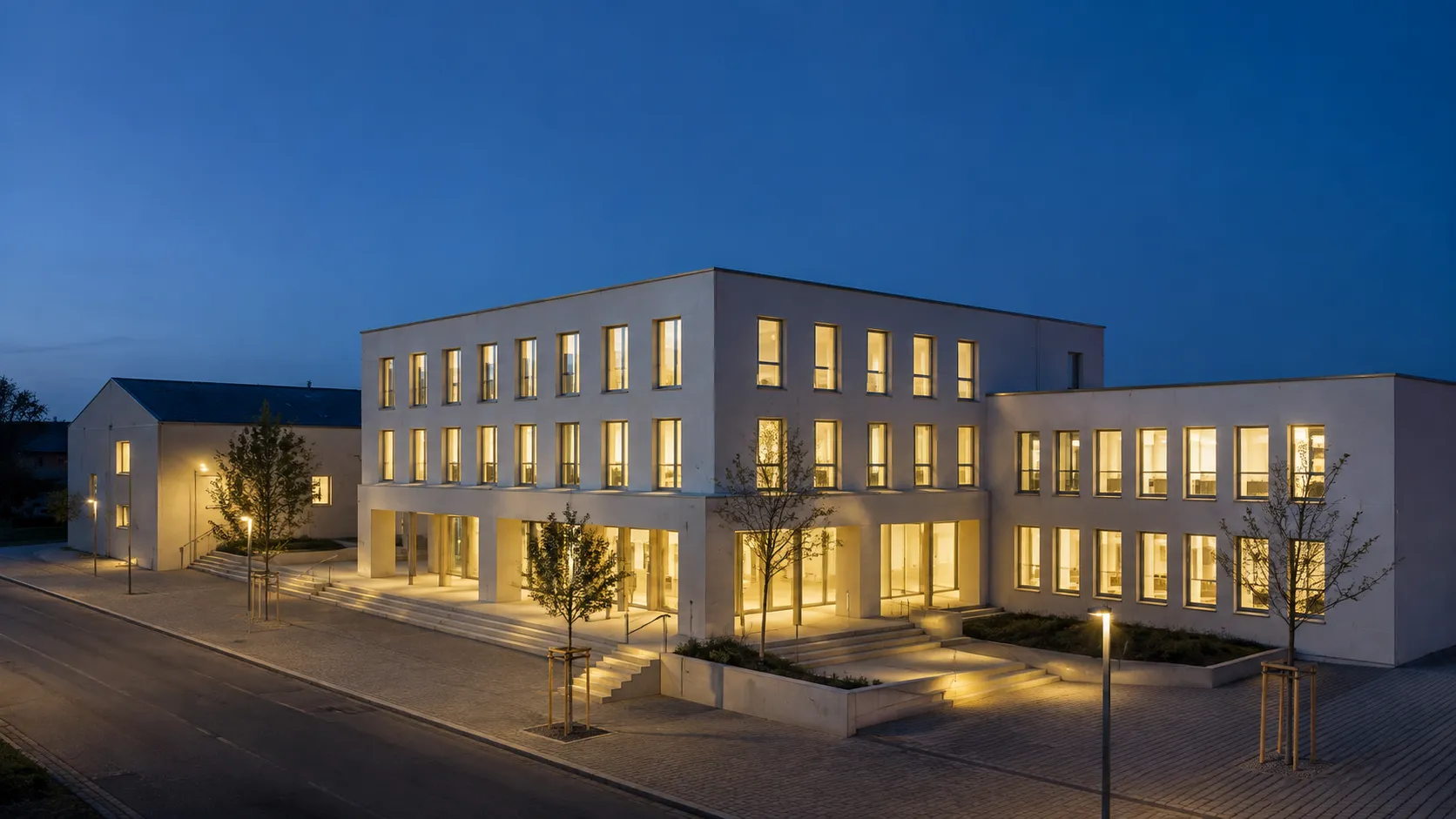 Das fertige Gebäude im Abendlicht, gleiche Perspektive wie das Modell