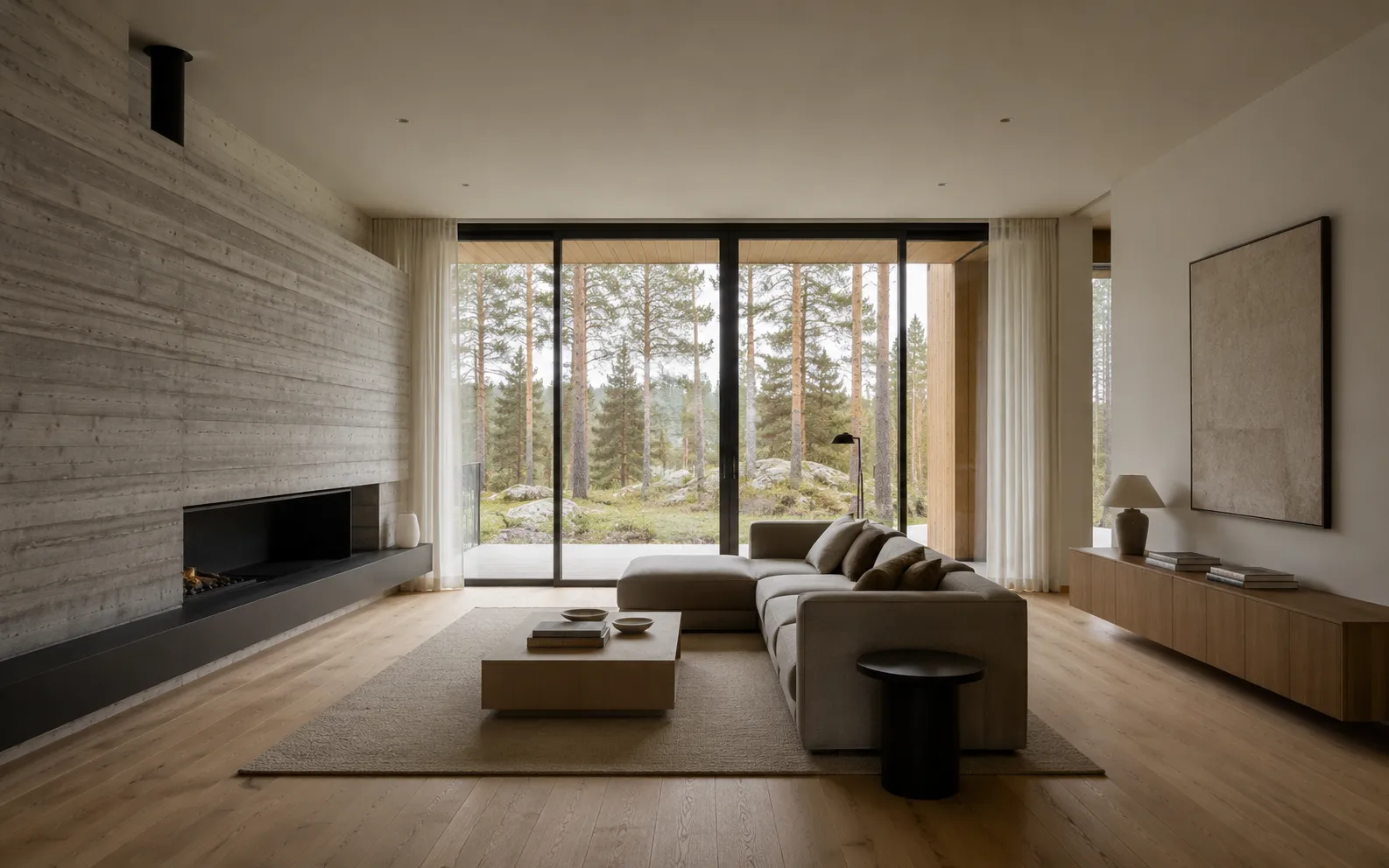 Wohnraum von Haus K, Blick nach Süden — dieselbe Geometrie wie der Grundriss