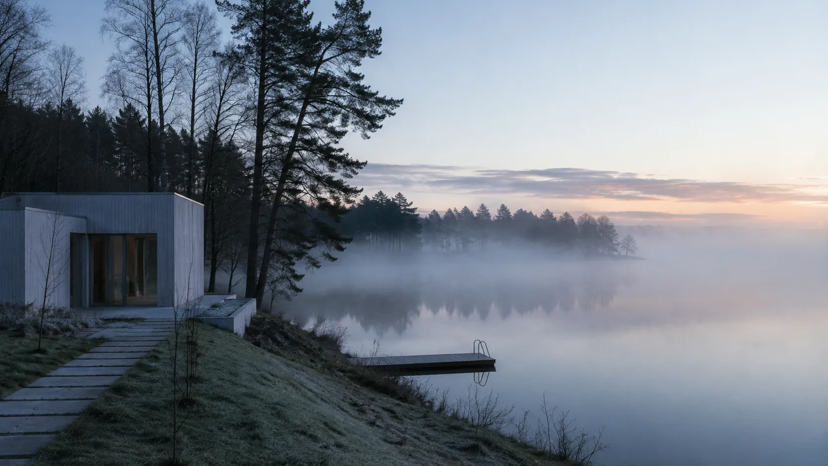 Haus am See am Morgen, Nebel über dem Wasser