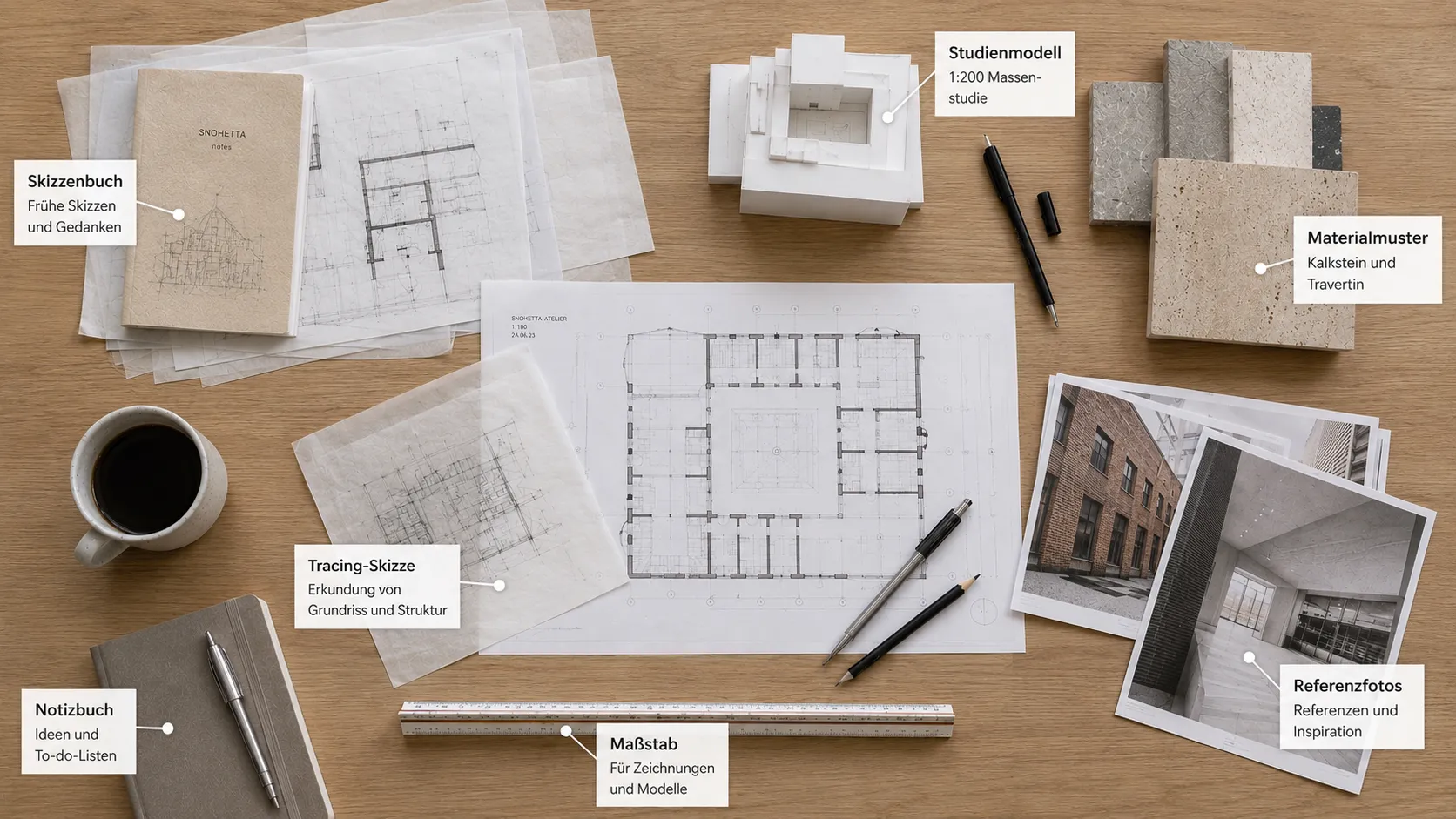 Aufsicht auf einen Architektenschreibtisch mit Plänen, Modell und Materialmustern