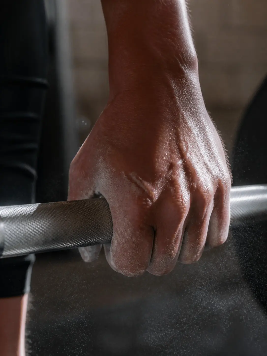 Hand greift die geriffelte Hantelstange, Kreide im Gegenlicht