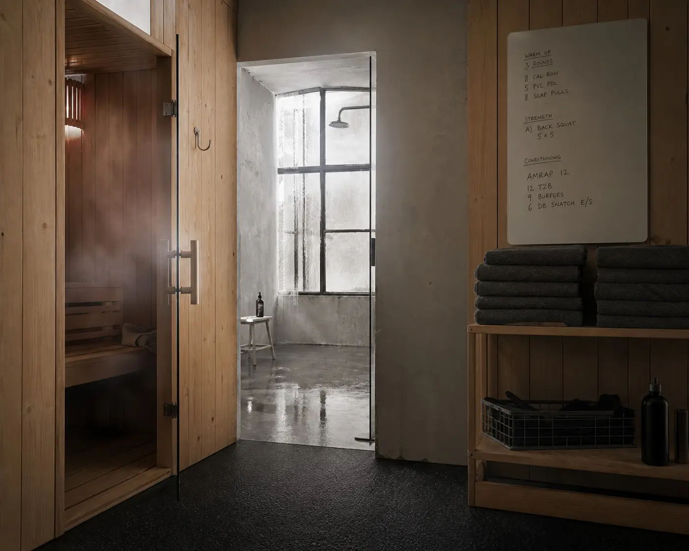 Sauna aus warmem Holz, gestapelte Handtücher, weiches Licht
