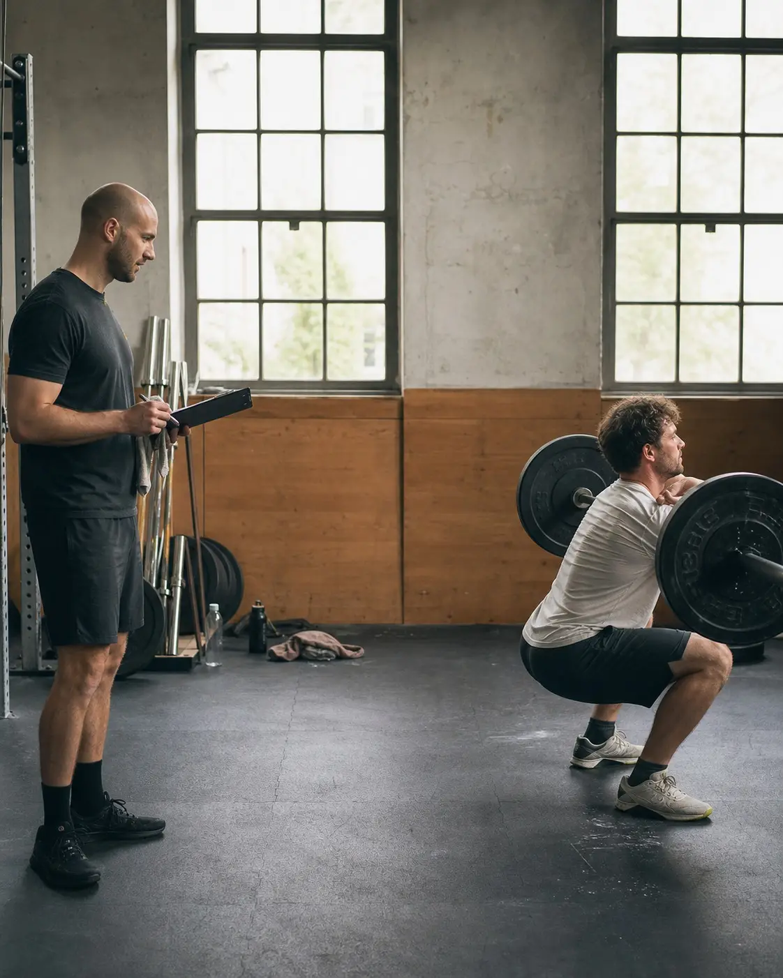 Coach beobachtet einen Squat von der Seite, Klemmbrett, Tageslicht