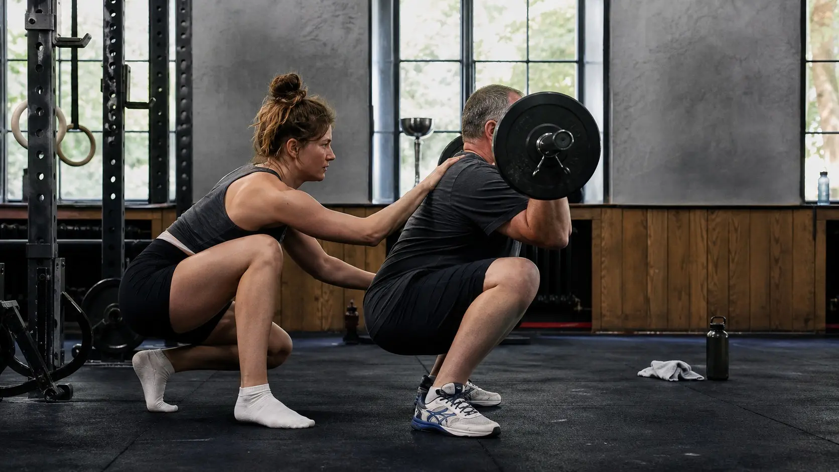 Squat im Profil, der Coach korrigiert die Position