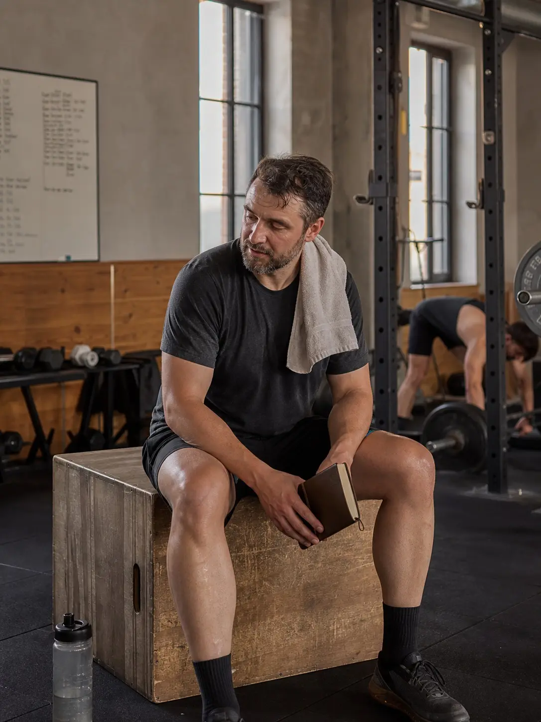 David sitzt auf der Plyo-Box, Notizbuch, Handtuch über der Schulter