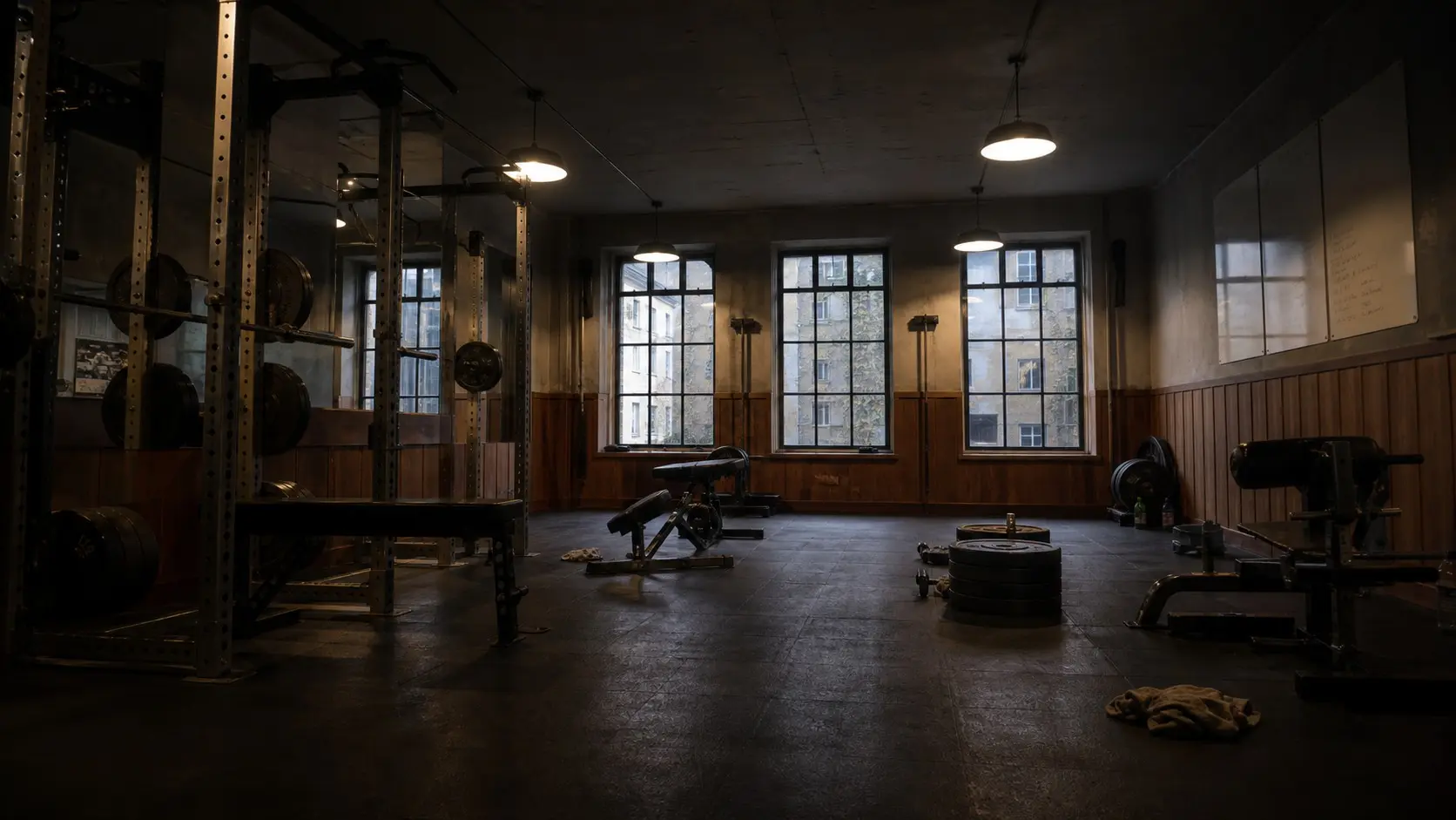 Hallenlicht schaltet zu, leere Kraftfläche, Racks im Halbdunkel