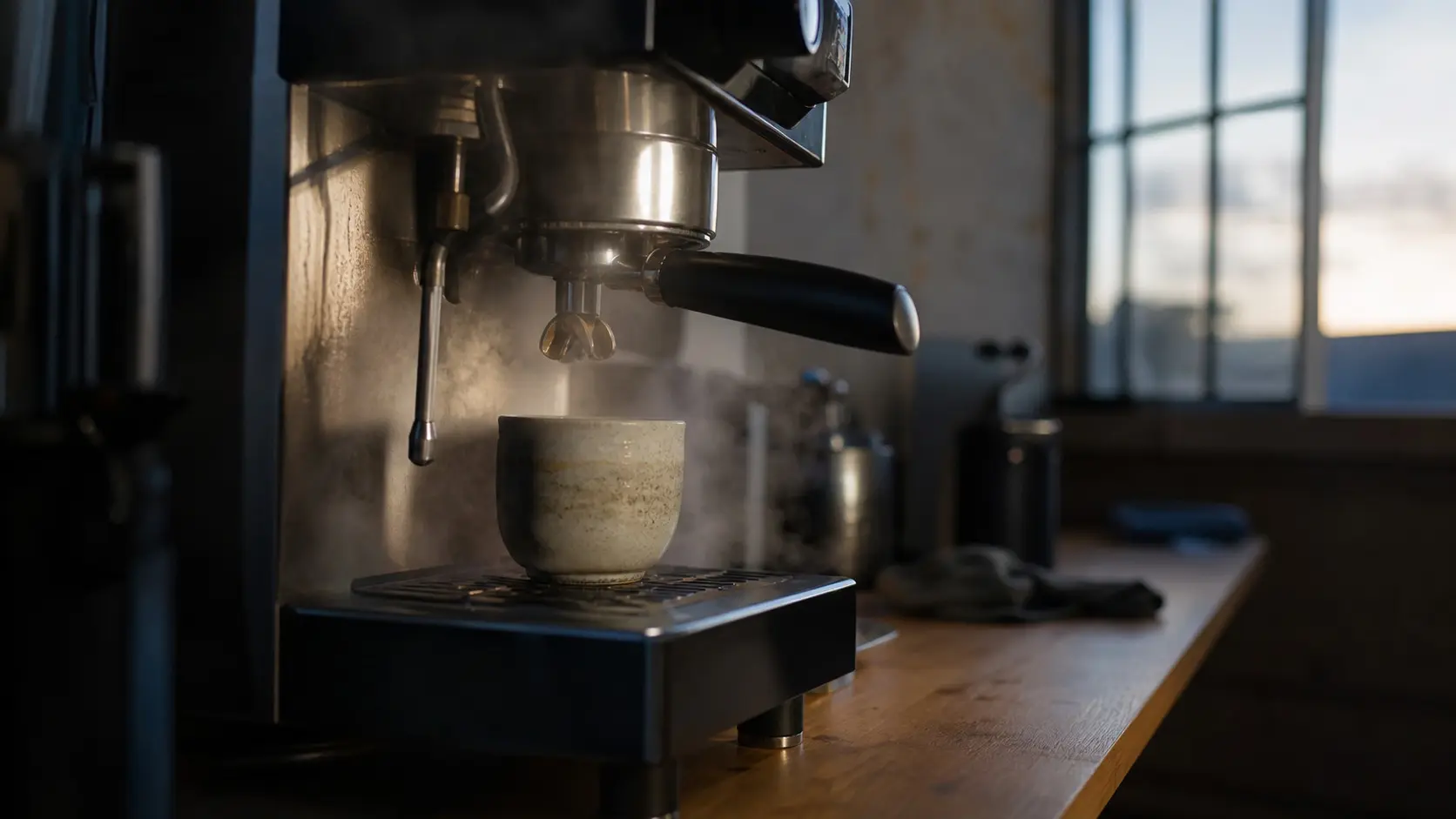 Espressomaschine, Tasse, Dampf, Theke aus Eiche