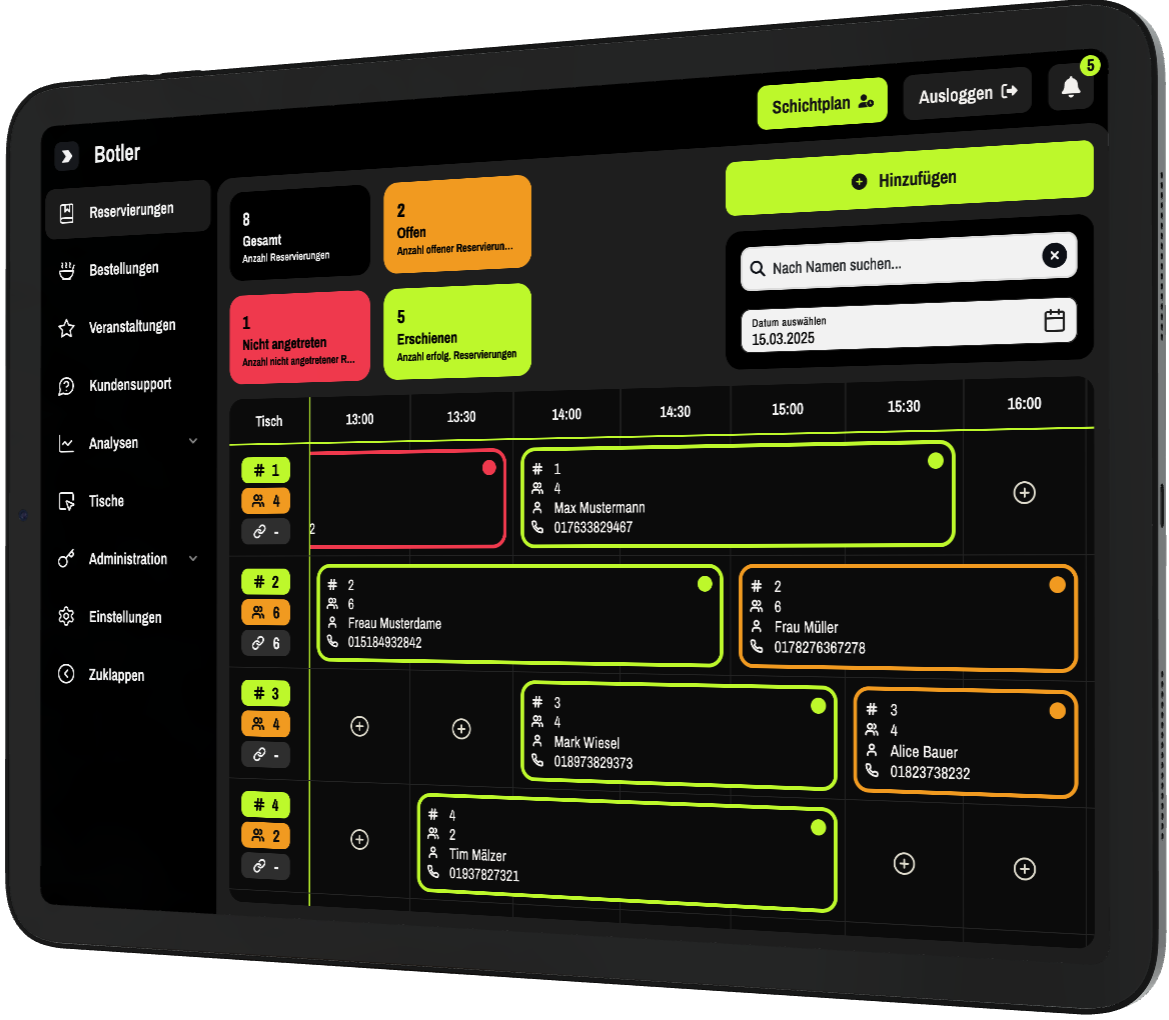 Administratoren-Bildschirm in der Reservierungsansicht