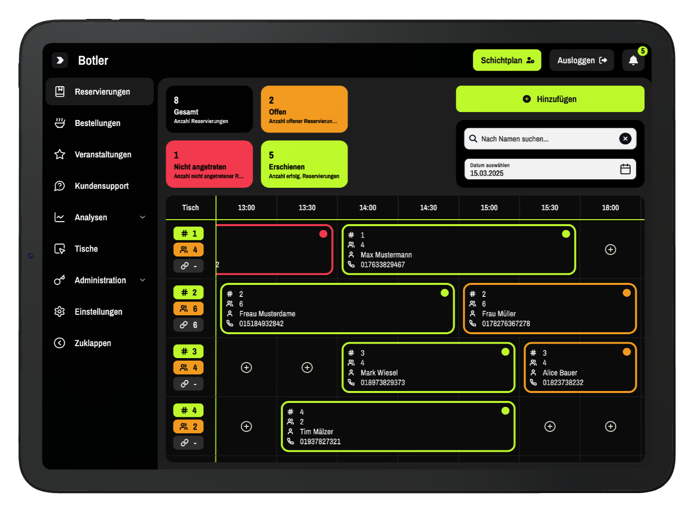 Administratoren-Bildschirm in der Reservierungsansicht